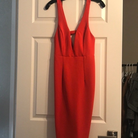 Plunging Coral Red Midi Dress - Picture 1 of 6